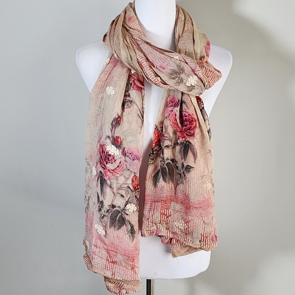 Floral Embroidered Scarf Wrap Beige Pink Rose Sequin Cottagecore Picnic Prairie